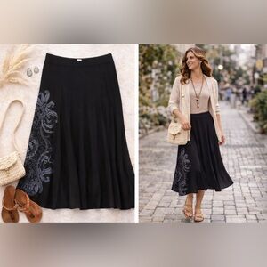 PrAna Serena Midi A-Line Skirt Black Floral Graphic M Y2K Retired Boho